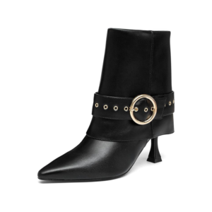 2 Black Pointed-Toe Ankle Boots with Gold Buckle